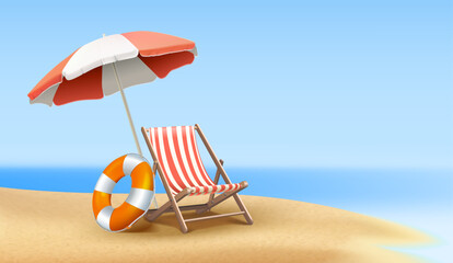 3d realistic vector illustration. Summer background. Sea side beach view with sunbed and parasol.