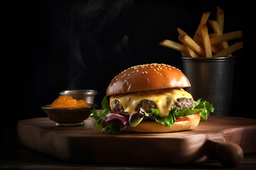 Beef burger and french fries on wooden board on black background. AI generated