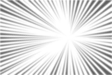 Radial halftone lines background. Comic manga dotted pattern. Cartoon zoom effect with sunrays or bang burst. Vector.