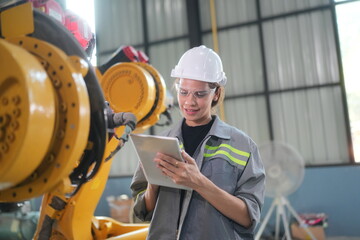 Robotic Arm engineer check on equipment in its with software of an Artificial Intelligence, Programming development technology work. Female industrial engineer working at automated robotic factory..