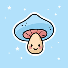 Cute Kawaii Mushroom isolated on a blue background. Vector - Illustration.
