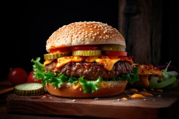 Close up to beef burger with cheese and vegetables.Blank space for text on the right side 