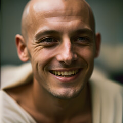 Obraz premium A male sick cancer patient in a hospital but still has a smile on his face. (AI-generated fictional illustration) 