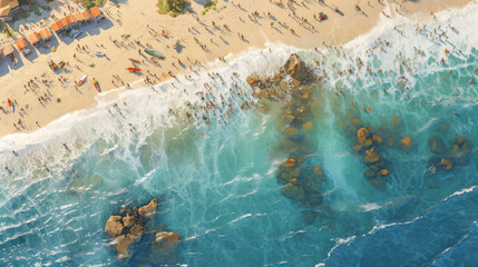  top down view of a beach with people  turquoise water and white waves 