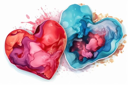 Heart shaped red, pink and light blue alcohol ink abstract sticker . Generative ai
