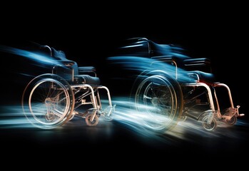 Two empty wheelchairs riding at night