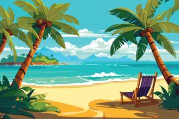 Crédence de cuisine en verre imprimé Corail vert hand drawn painting of beach with palm trees and chair