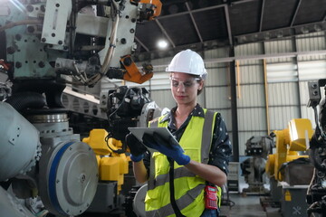 Portrait of Female Automotive Industry 4.0 Engineer in Safety Uniform Using Laptop at Car Factory Facility. Assembly Plant. engineer working at automated AI robotic production factory..