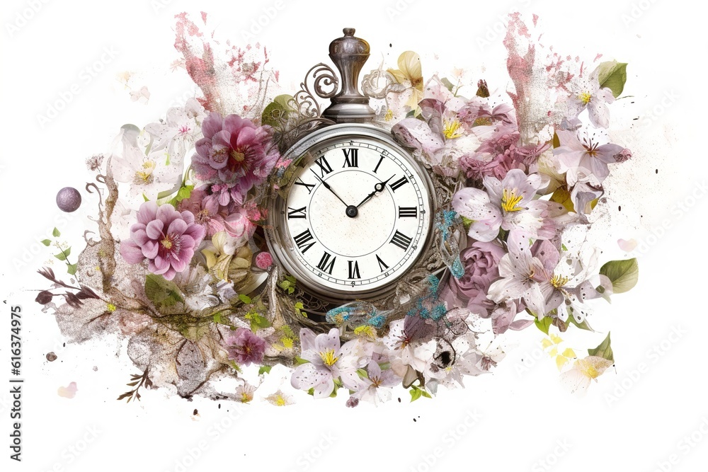 Poster spring concept. clock with flowers isolated on white background. Generated by AI.