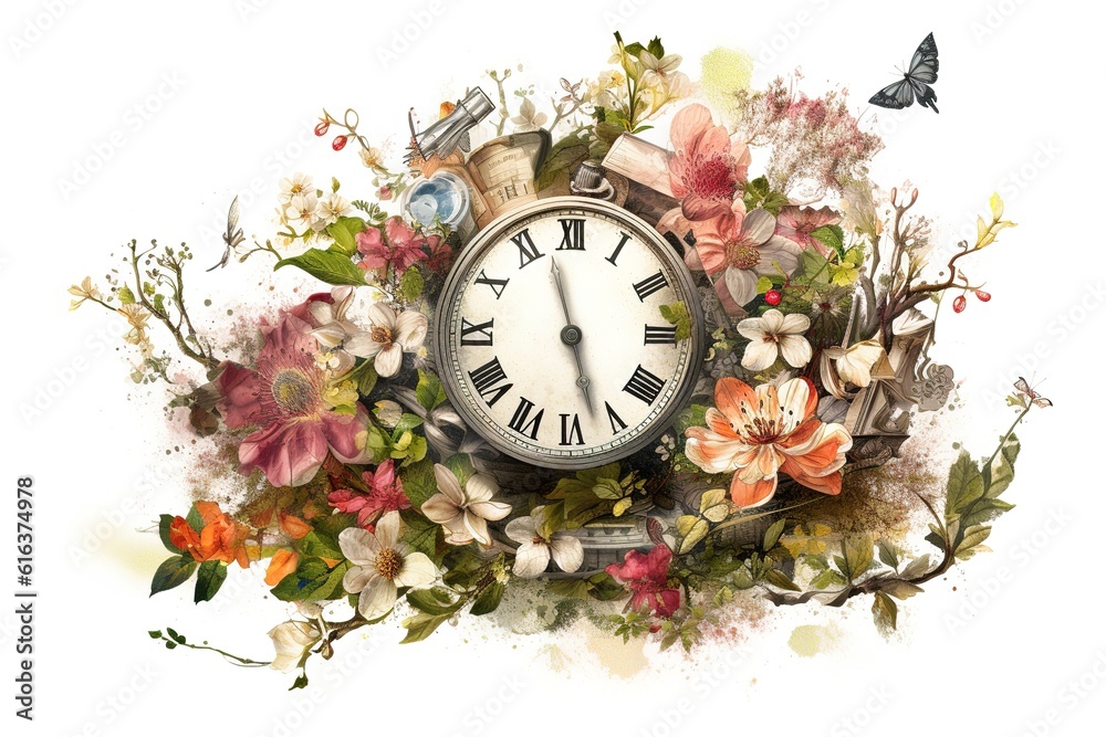 Aufkleber spring concept. clock with flowers isolated on white background. generated by ai.
