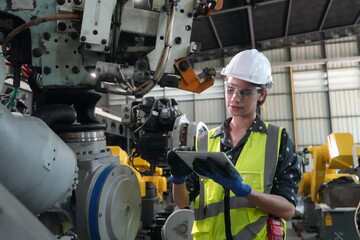 Portrait of Female Automotive Industry 4.0 Engineer in Safety Uniform Using Laptop at Car Factory Facility. Assembly Plant. engineer working at automated AI robotic production factory..