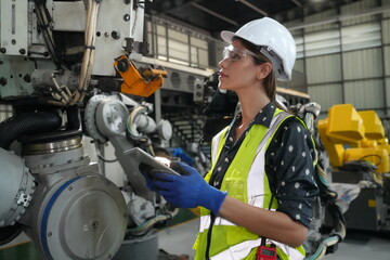 Portrait of Female Automotive Industry 4.0 Engineer in Safety Uniform Using Laptop at Car Factory Facility. Assembly Plant. engineer working at automated AI robotic production factory..