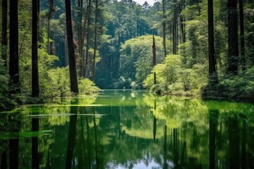 Fototapeta na wymiar Tranquil Forest Lake Serene Woodland Reservoir
