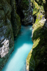 Fototapeta na wymiar Bottom of crystal clear Soca river, one of the most beautiful european rivers, deep in the rocky canyon of slovenian Alps