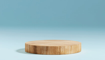 Creative minimal concept. Wooden wood round block podium on light blue background. Mock up template for product presentation. copy text space
