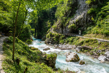 Wonderful landscape of turquoise Soca river, Slovenia, passing through amazing, steep, rocky canyon of slovenian Alps, covered in dense vegetation