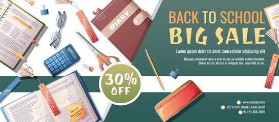 Back to school discount banner template. Learning, knowledge, education. Flyer, poster with textbooks, books, backpack, stationery.