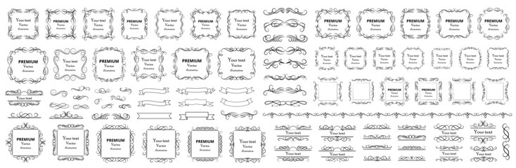 Calligraphic design elements . Decorative swirls or scrolls, vintage frames , flourishes, labels and dividers. Retro vector illustration.Big set - obrazy, fototapety, plakaty