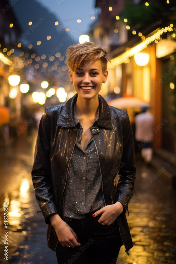 Wall mural Beautiful woman short hair with a bright smile that lights up on night street. wearing a black jacket that contrasts beautifully. Sparkling lights, bokeh lights, blurred background. Generative ai