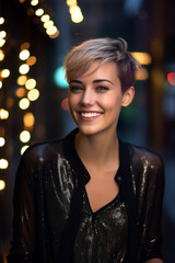 Beautiful woman short hair with a bright smile that lights up on night street. wearing a black jacket that contrasts beautifully. Sparkling lights, bokeh lights, blurred background. Generative ai