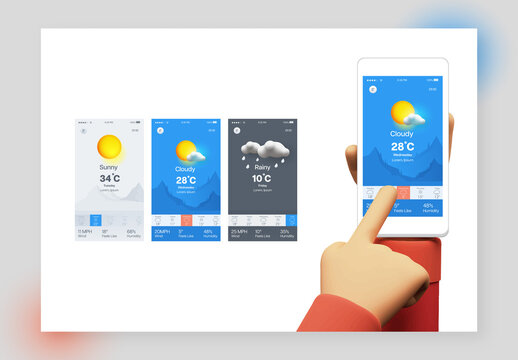 Weather Mobile App UI Kit with Sunny, Cloudy, Rainy Screens.