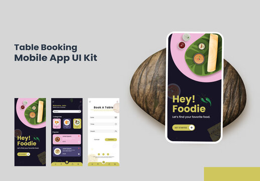 Restaurant Table Booking  Mobile App UI, UX Screens with South Indian Dishes.