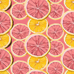 A vibrant seamless pattern featuring slices of pink grapefruit and yellow lemon citrus on a refreshing pink background.