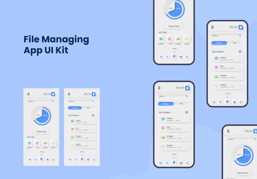 File Managing Mobile App UI Splash Screens, Template Layout In Blue And White Color Theme.