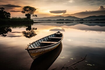 Fototapeta premium boat floating on a serene lake surrounded by clouds. Generative AI