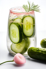 Canned cucumbers in a jar on white background, pickles. AI generated