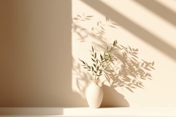 Minimalistic abstract light beige wall with light andand intricate shadow from the window and vegetation on wall. Flower pot with plant. Generative AI