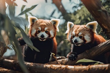 Fototapeta premium Playful Red Pandas Energetic Bamboo Eaters