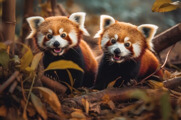 Fototapeta premium Playful Red Pandas Energetic Bamboo Eaters