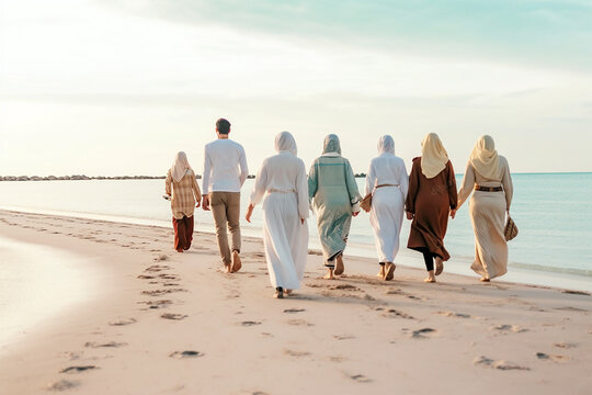 Muslim family walking on the beach with their children. AI generatve