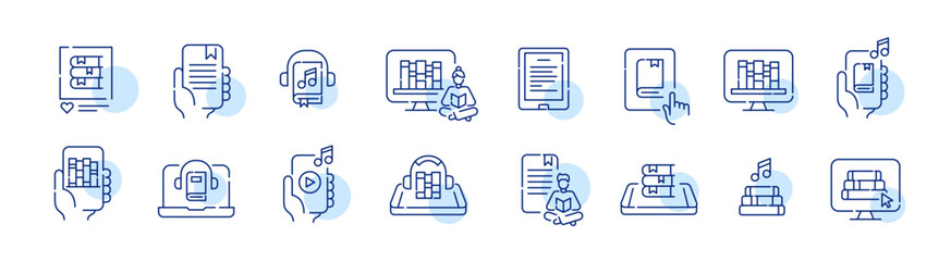 Set of electronic library related icons. Reading and listening to e-books from smartphone or laptop. Pixel perfect, editable stroke icons