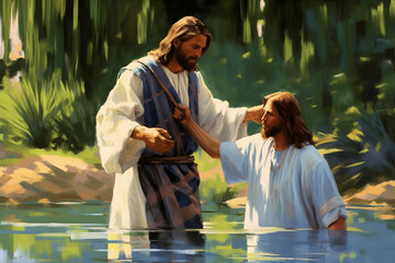 John the Baptist standing in the Jordan River and baptising. AI generativ.