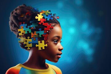 Fictional black girl child with a puzzle brain. Concept for Disability Pride Month, world brain day, mental health and brain neurological health, autism spectrum disorder. Created with generative ai