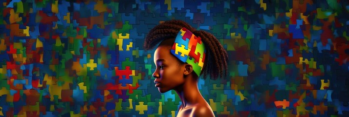 Obraz na płótnie Canvas Fictional black girl child with a puzzle brain. Concept for Disability Pride Month, world brain day, mental health and brain neurological health, autism spectrum disorder. Created with generative ai