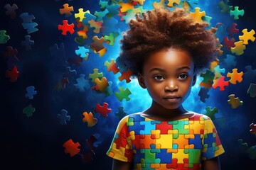 Fictional black girl child with a puzzle brain. Concept for Disability Pride Month, world brain day, mental health and brain neurological health, autism spectrum disorder. Created with generative ai