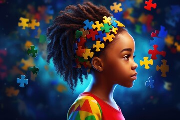 Neurospicy black girl child with a puzzle brain. Concept for Disability Pride Month, world brain day, mental health and brain neurological health, autism spectrum disorder.