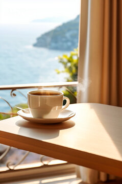 A view of the sea and a standing coffee cup. AI generativ.