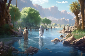 John the Baptist standing in the Jordan River and baptising. AI generativ. - obrazy, fototapety, plakaty