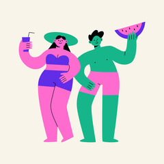 A couple of people are relaxing on the beach in the summer. A woman in a swimsuit with a cocktail. A man in shorts with a watermelon. Vector flat illustration