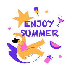The girl is resting in the sea in the summer. Funny girl swimming in the water on vacation. Summer mood. Flat vector illustration with the inscription