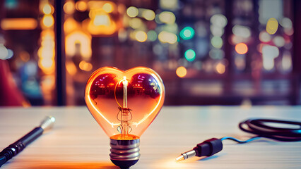 heart light bulb on the table