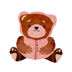 Cute little bear in a pink hood. Printable watercolor illustration for your design. Isolated on transparent background