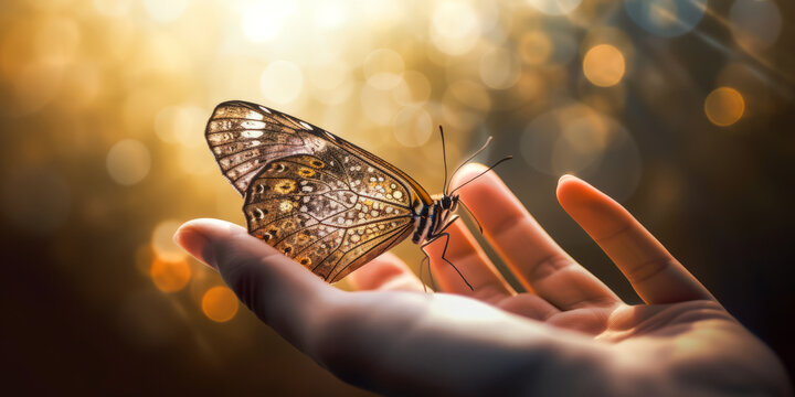 Captivating close-up of a man's hands gently holding a delicate butterfly, showcasing intricate wing patterns in radiant natural lighting. Evoke emotions and wonder. Generative AI
