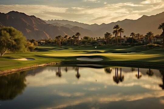 Golden Light Shines on Indian Wells Golf Resort, a Desert Oasis in Palm Springs. AI