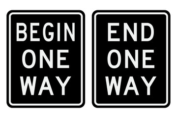 Begin One Way Signs. End One Way Signs. Vector and Illustrations.
