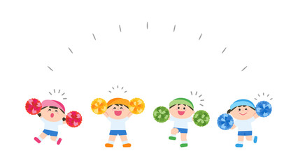 ポンポンを持って応援する体操服の子どもたち
